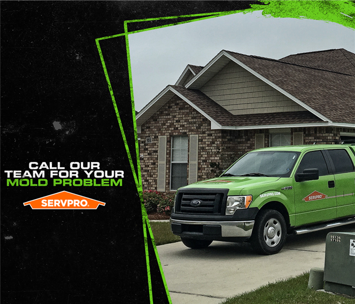 SERVPRO truck in front of a home with caption: "Call Our Team For Your Mold Problem"